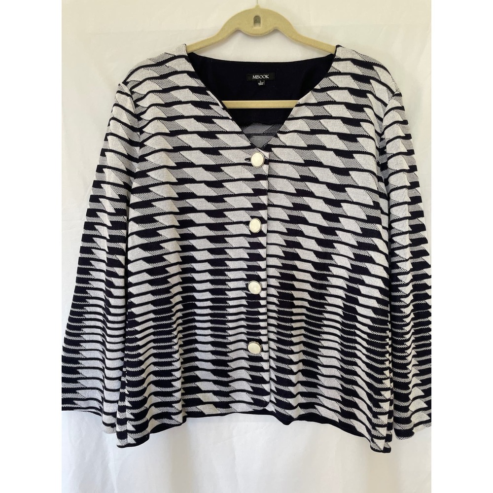 Misook Black & White Geometric Knit Button Cardigan